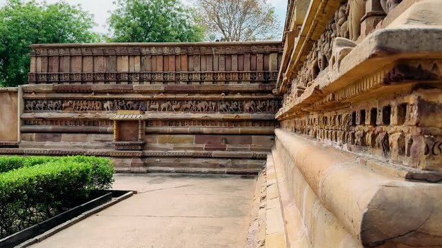 Khajuraho. Chaunsat Yogini Temple. Dedicated to the goddess Kali. Unesco World Heritage Siteing bas relief panorama, Lakshmana Temple, Khajuraho, India. Unesco World Heritage Site