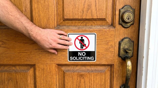 A man touches a clear white and black no soliciting sign attached to a warm toned oak wooden entry door