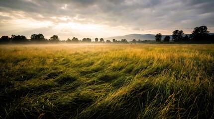 Fototapeta premium A vast golden meadow features tall swaying grass blades illuminated by soft morning sunlight during a serene and misty sunrise