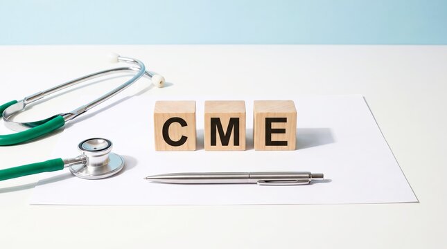 Wooden blocks spelling out cme with a professional green stethoscope and a silver pen resting on clean white paper