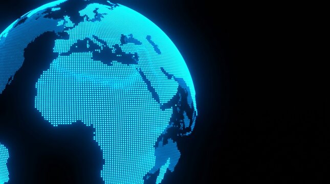Glowing digital globe constructed from small light blue square pixels representing a futuristic and modern concept of global network connectivity