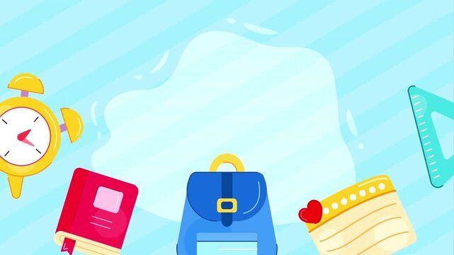 Blue school backpack animation surrounded by an alarm clock notebook and ruler on a striped background.