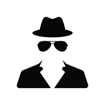 Silhouette man in fedora hat and sunglasses mysterious spy incognito disguise invisible person.