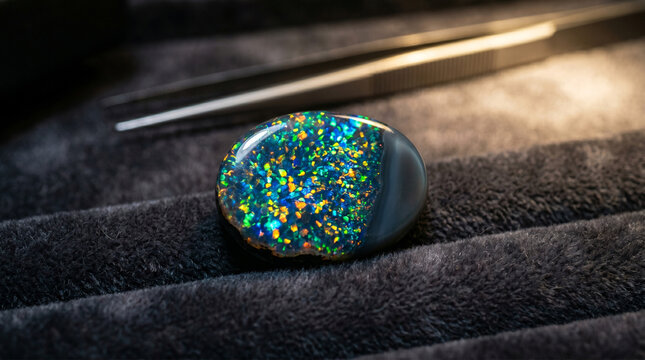 A close-up view of a polished opal gemstone with vibrant colors and a pair of tweezers