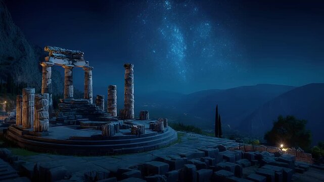 Space universe exploration, fantasy, mysterious. A nighttime scene depicts an ancient temple complex. The temple is a series of tall.