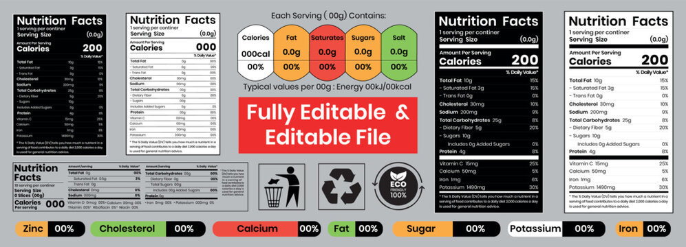 Nutrition facts, Supplement facts, Editable nutrition label template, FDA Nutrition Traffic light, Including Editable Templates, Complete Nutrition Information Panel Design