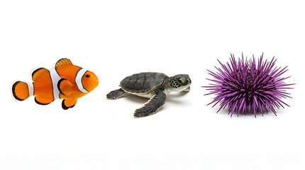 Fototapeta premium Collection of isolated sea creatures including a clownfish, baby turtle, and purple sea urchin