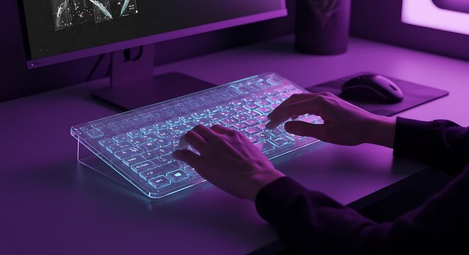Design futurista de teclado com m&atilde;os digitando em uma interface transparente e brilhante.