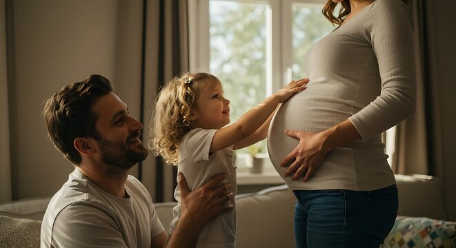Pai e filha, &agrave; espera de um beb&ecirc;, tocam a barriga da m&atilde;e gr&aacute;vida.