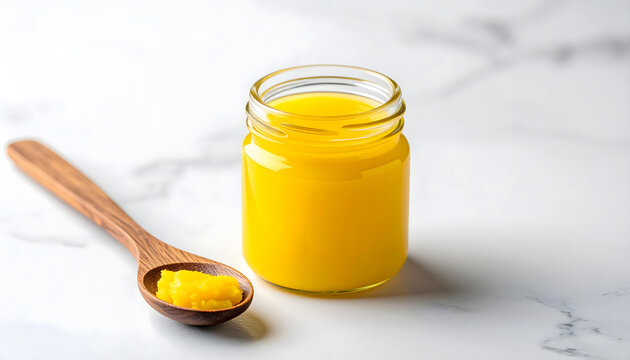 Golden ghee clarified butter in a glass jar with wooden spoon on white marble background