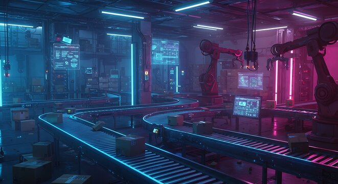 Linha de produ&ccedil;&atilde;o automatizada com bra&ccedil;os rob&oacute;ticos em ambiente industrial iluminado por luzes de n&eacute;on.