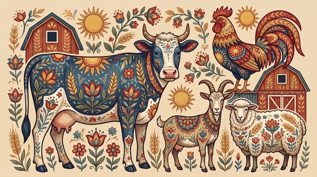Folk Art Farm Animals Illustration with Decorative Barns and Floral Scandinavian Patterns