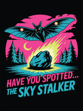 Vintage mothman creature flying over lake with burning meteorite and retro sky stalker typography vector t shirt design