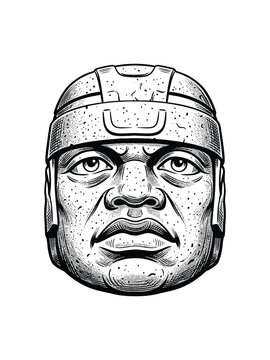 Vintage Olmec colossal head vector illustration with detailed stippling texture ancient mesoamerican sculpture t shirt design