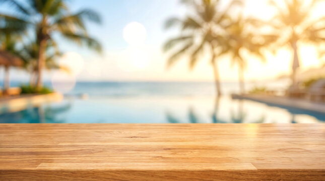 Wooden Table Top on Blurred Beach Pool Background for Summer Holiday Product Mockup and Tropical Vacation Banner.