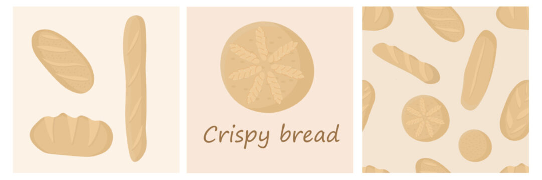 Vector bakery collection featuring bread illustrations, decorative banner cards and seamless bread patterns. Great for bakery branding, food packaging, menus and advertising.