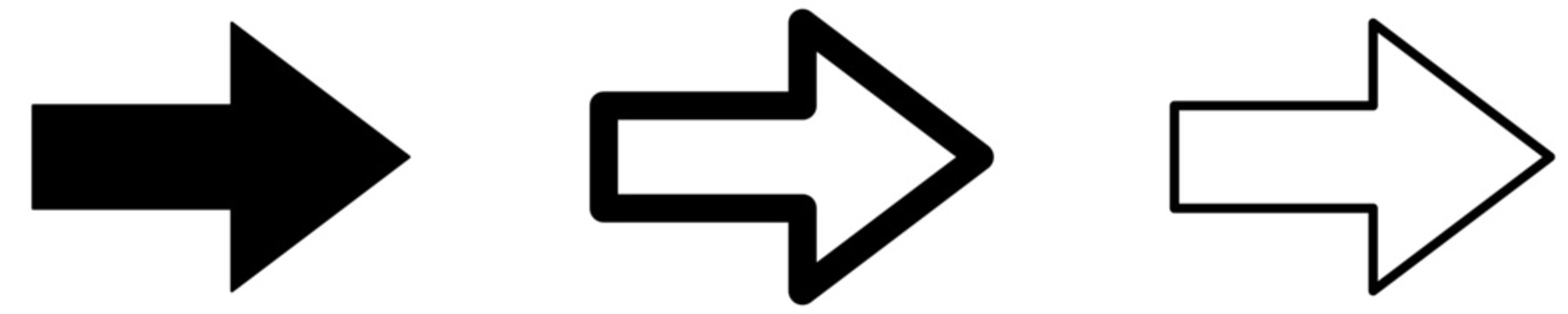 Set of right arrow icons, symbols for navigation, direction, movement, "next", and continuation. Vector illustration