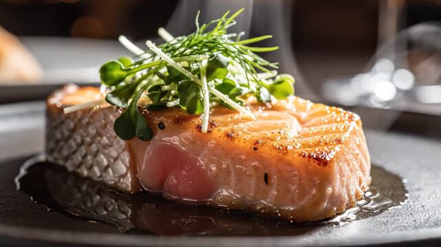 Pan seared salmon fillet with fresh herb garnish on dark plate