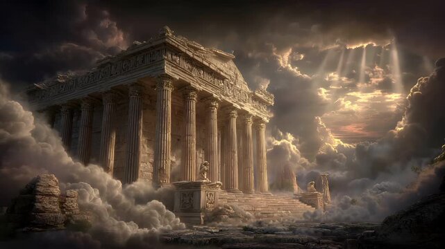 Space universe exploration, fantasy, mysterious. A digital artwork depicts a grand, ancient temple, set amidst a dramatic sky filled with swirling clouds.