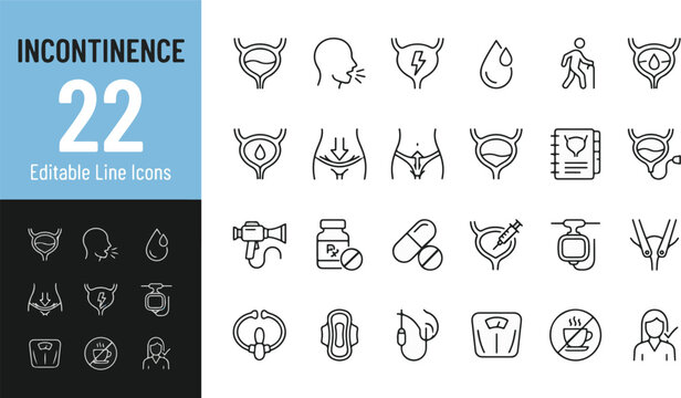 Incontinence and Urinary Health Line Editable Icons set. Vector illustration in modern thin line style of bladder, pelvic floor, catheter, urology, medical treatment, medication, and urologist.