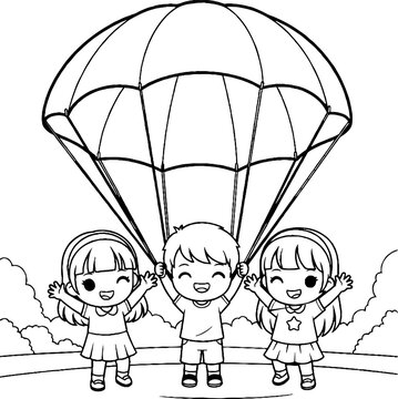 Three happy children holding a large parachute outdoors.