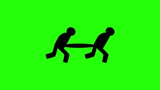 Premium 4K motion graphic of two medical workers running with an emergency stretcher silhouette bouncing. Clean asset for soccer injury facility video.