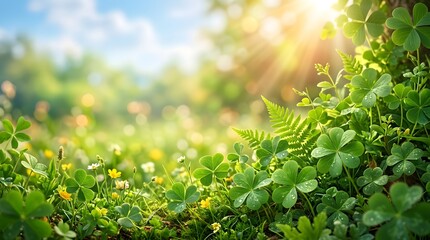Fototapeta premium Vibrant green clover field in bright morning sunlight with bokeh background