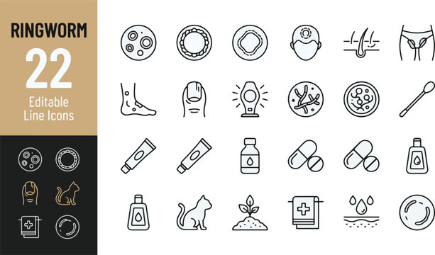 Ringworm and Fungal Skin Infection Line Editable Icons set. Vector illustration in modern thin line style of dermatology icons: athlete's foot, jock itch, nail fungus, ointment, cream, and medicine.
