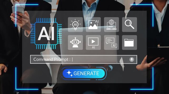 People using artificial intelligence technology in a digital workspace with icons symbolizing innovation and data processing on a laptop screen. Gluon.