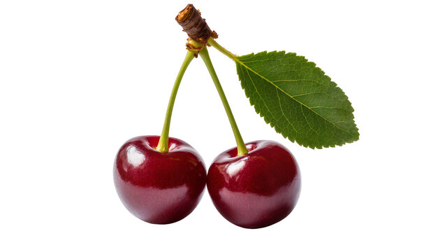 Two ripe dark red cherries with green stems and leaf, isolated on transparent background