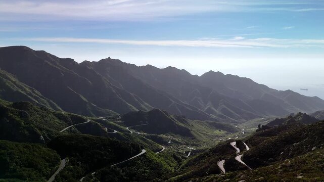 Drone view of TF-12 winding road in Barranco de las Huertas, Anaga, Tenerife