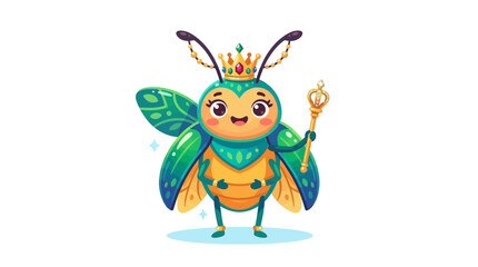 Fototapeta premium Cute Queen Beetle Character with Crown and Scepter, Cartoon Insect