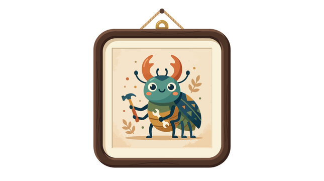 Cute Mechanic Beetle Character Holding Tools in a Frame