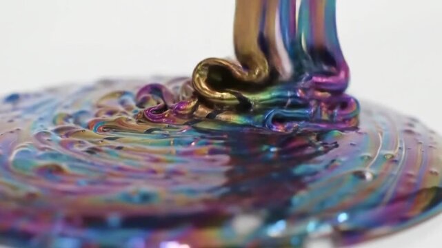Macro close-up of viscous iridescent metallic liquid pouring onto a white surface, forming a thick shimmering pool with swirling patterns of purple, gold, blue, and copper colors.
