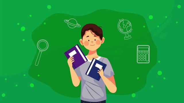 Young boy holding two notebooks on a green background with white educational line icons.