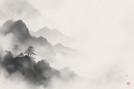 Japanese Fog and Ink Fusion Background on Washi Paper