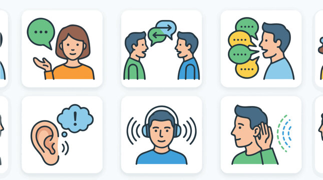 A set of colorful, flat-design icons illustrating various forms of interpersonal communication and auditory perception, including speaking, listening, and hearing concepts.