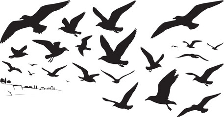 Fototapeta premium A collection of black minimalist silhouettes featuring a flock of seagulls in various flying poses, suitable for design layouts and nature-themed graphics.