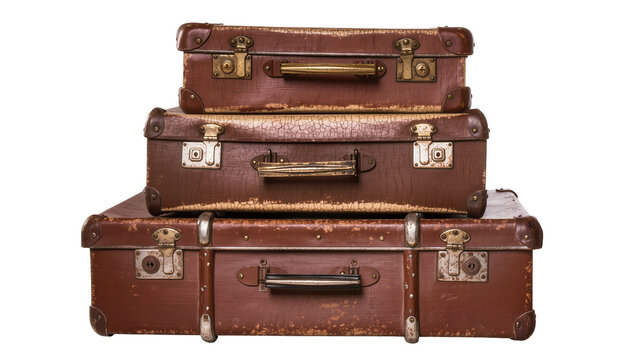 Stack of three vintage brown leather suitcases with metal latches, isolated on transparent background