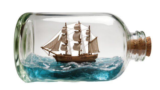 Wooden sailing ship model with white sails in blue ocean waves inside a glass bottle, isolated on transparent background