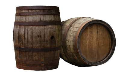 Fototapeta premium Two weathered wooden barrels with rusty metal hoops, isolated on transparent background