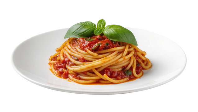 Bucatini pasta with rich tomato sauce and fresh basil leaves, isolated on transparent background