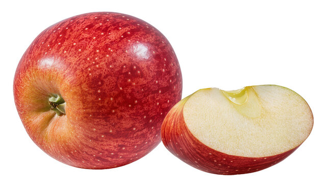 Red speckled apple with a slice showing juicy flesh, isolated on transparent background