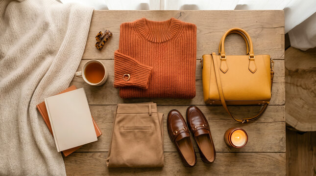Elegant autumn fashion flat lay features an orange knit sweater, beige trousers, brown loafers, a yellow handbag, books, and tea on a wooden surface.
