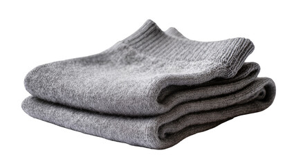 Fototapeta premium Folded grey woolen socks with ribbed cuffs, isolated on transparent background