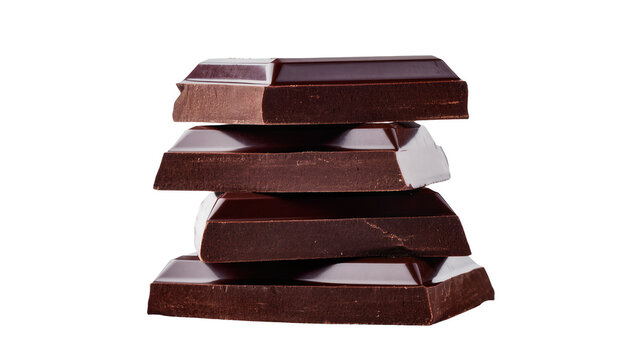 Stack of dark chocolate bar pieces, isolated on transparent background