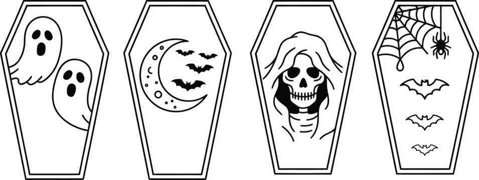 Halloween coffin illustrations with ghost bats spiderweb and skeleton line art set