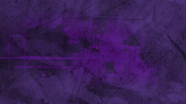Animated dynamic abstract grunge background in dark purple tones with scratches, geometric blocks and noise. Gloomy texture with lines and scuffs, looping animation for design and backgrounds.