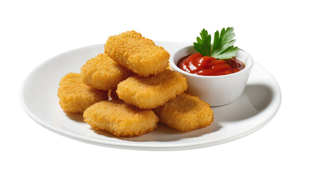 Golden crispy chicken nuggets with ketchup and parsley, isolated on transparent background