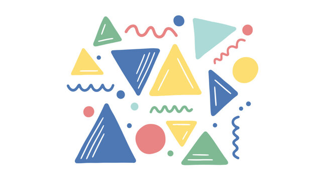 Abstract hand drawn geometric pattern with colorful triangles and wavy lines